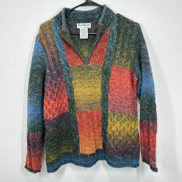NorthStyle Sweaters - NorthStyle Vintage Boho Colorblock Quarter Zip V Neck Sweater Alpaca Blend Med